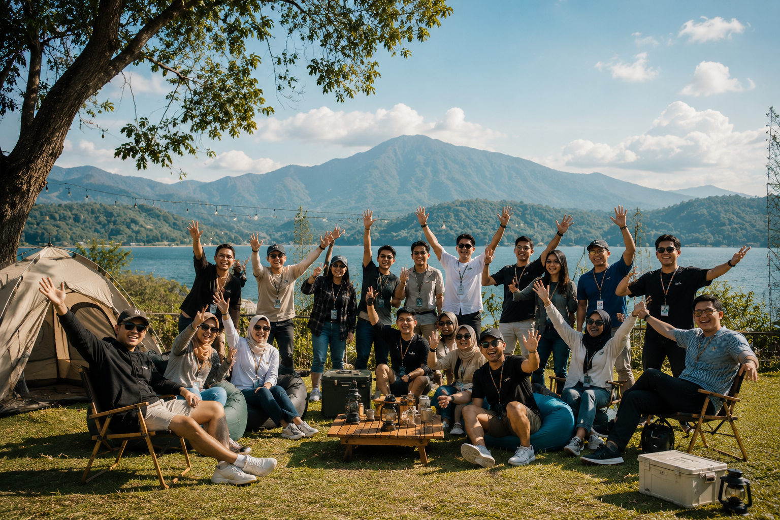 Karyawan perusahaan gathering di pantai